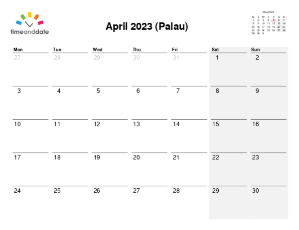 Calendar for 2023 in Palau