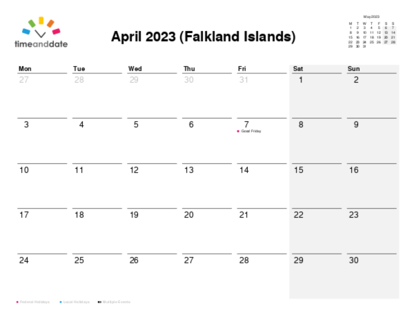 Calendar for 2023 in Falkland Islands