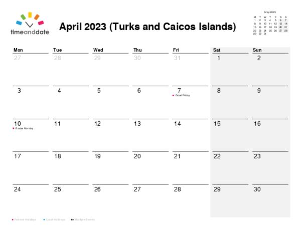 Calendar for 2023 in Turks and Caicos Islands