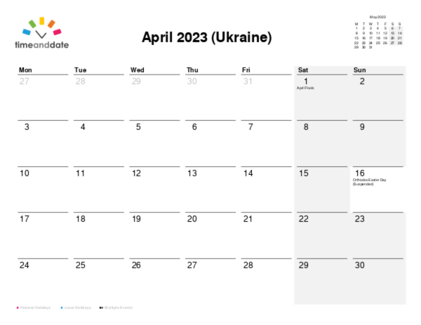Calendar for 2023 in Ukraine
