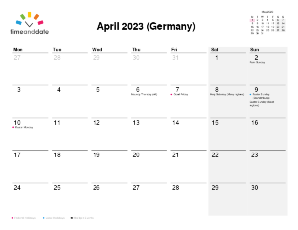 Calendar for 2023 in Germany