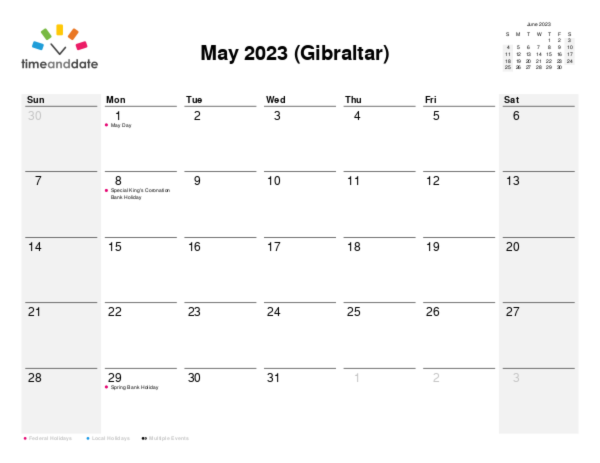 Calendar for 2023 in Gibraltar