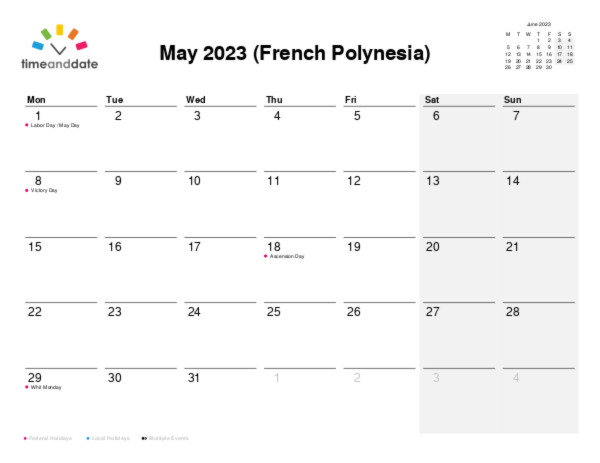 Calendar for 2023 in French Polynesia
