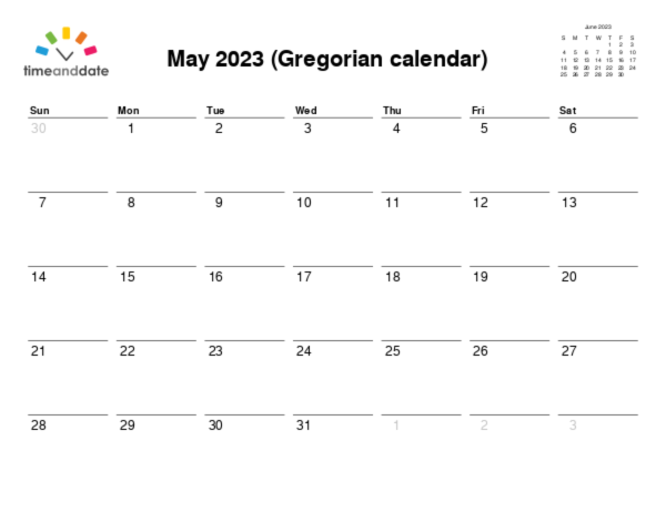 Calendar for 2023 in Gregorian calendar