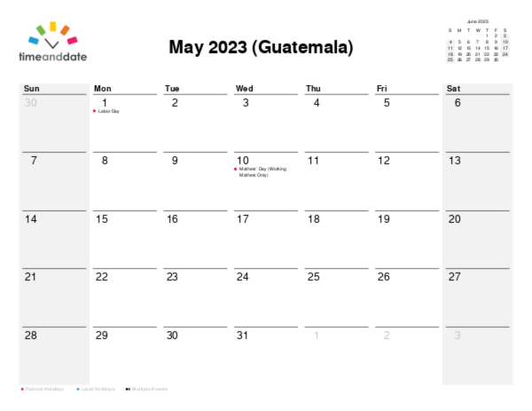 Calendar for 2023 in Guatemala