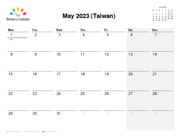 Calendar for 2023 in Taiwan