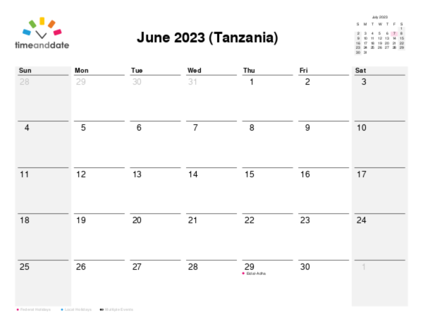 Calendar for 2023 in Tanzania
