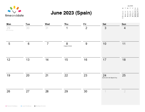 Calendar for 2023 in Spain