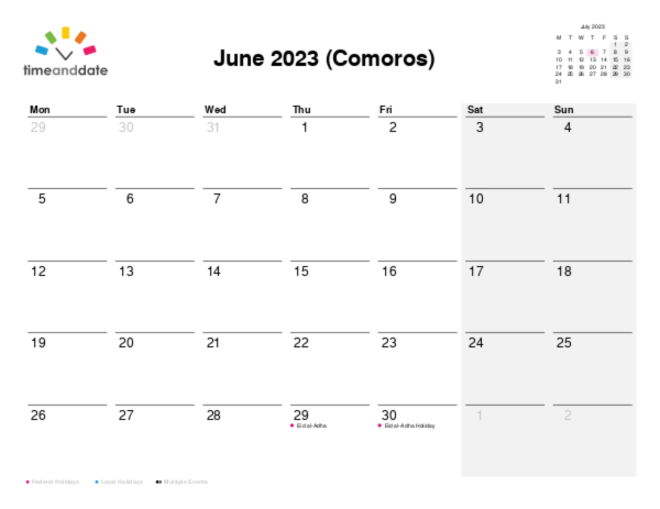 Calendar for 2023 in Comoros