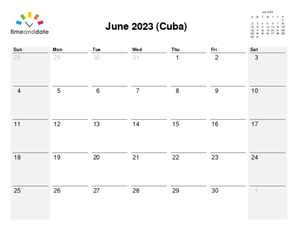 Calendar for 2023 in Cuba