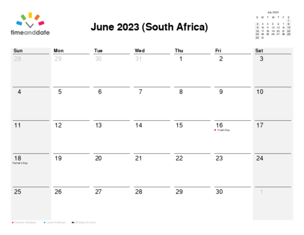 Calendar for 2023 in South Africa