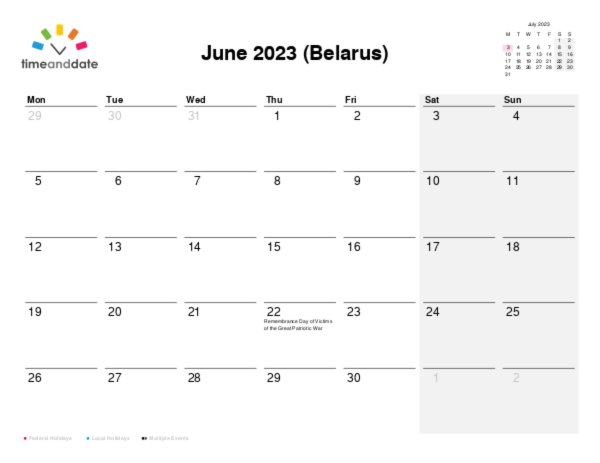 Calendar for 2023 in Belarus