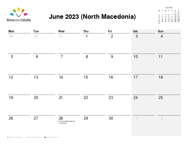 Calendar for 2023 in North Macedonia