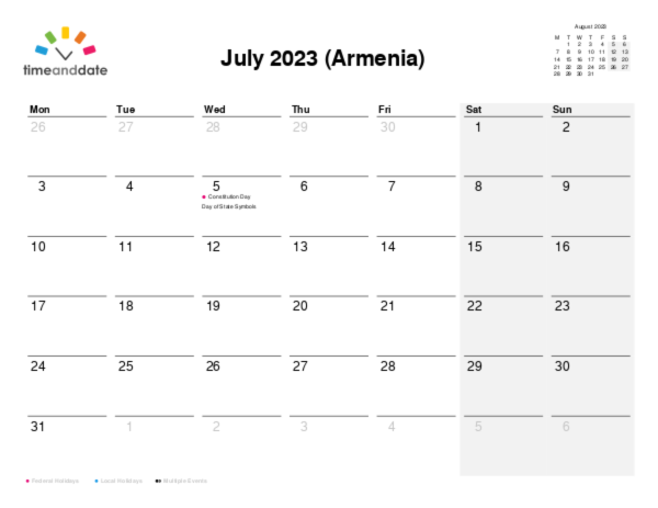 Calendar for 2023 in Armenia