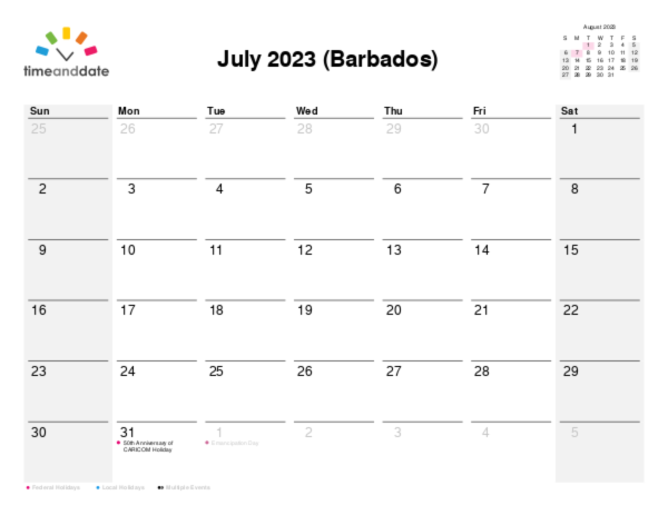 Calendar for 2023 in Barbados