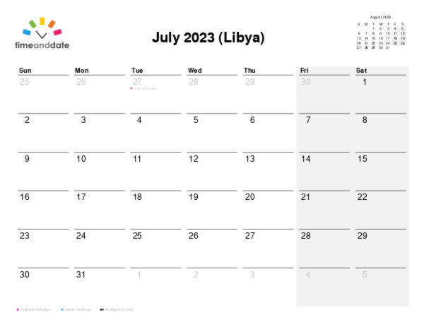 Calendar for 2023 in Libya