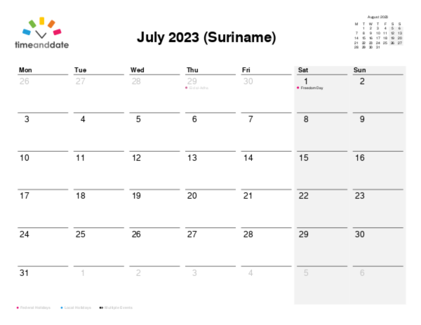 Calendar for 2023 in Suriname