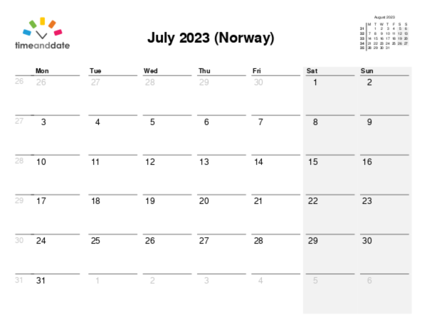 Calendar for 2023 in Norway