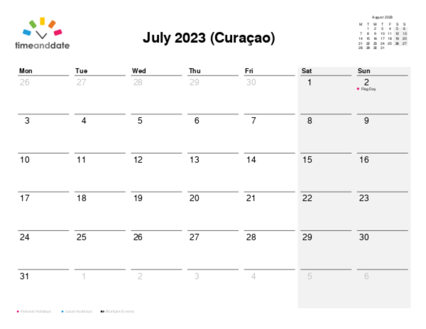 Calendar for 2023 in Curaçao