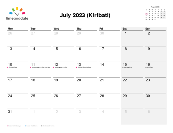 Calendar for 2023 in Kiribati