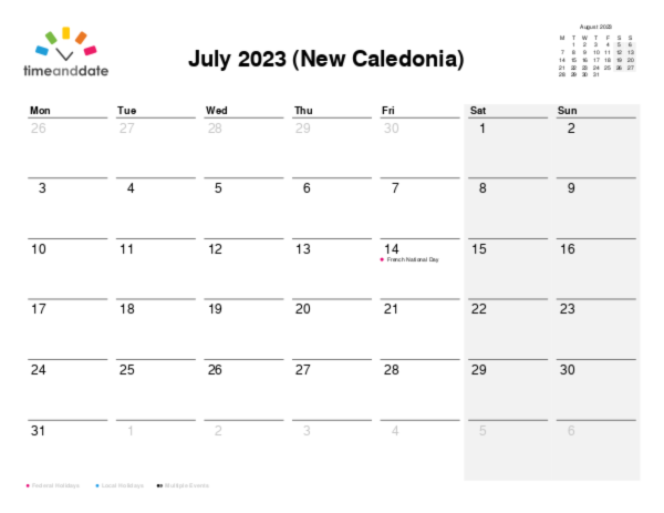 Calendar for 2023 in New Caledonia
