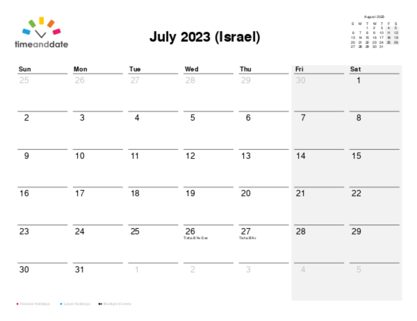 Calendar for 2023 in Israel