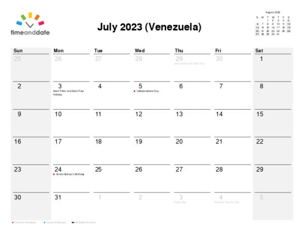 Calendar for 2023 in Venezuela