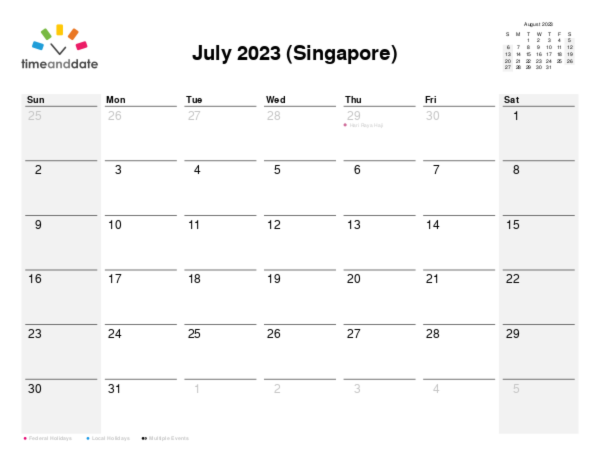 Calendar for 2023 in Singapore