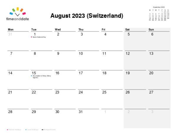 Calendar for 2023 in Switzerland