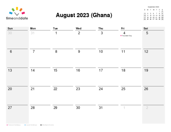 Calendar for 2023 in Ghana