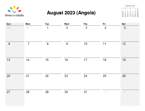 Calendar for 2023 in Angola