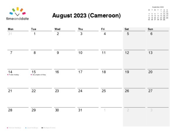 Calendar for 2023 in Cameroon