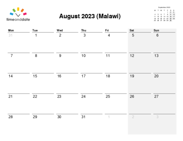 Calendar for 2023 in Malawi