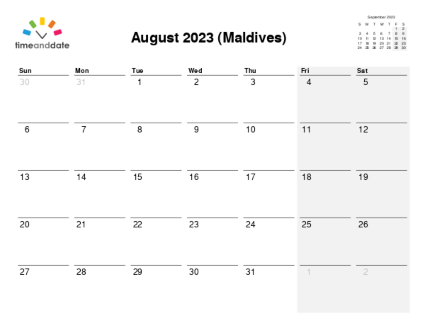 Calendar for 2023 in Maldives