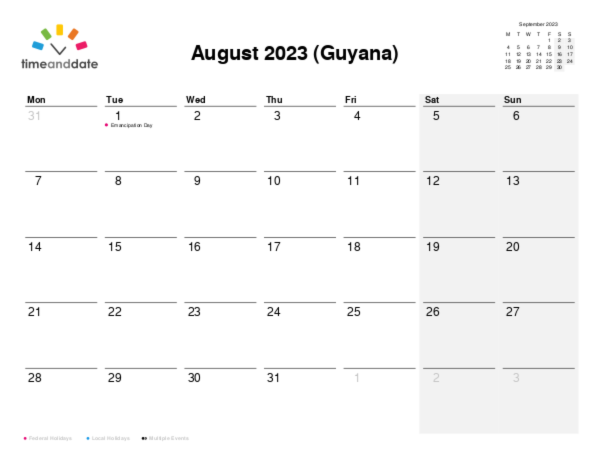 Calendar for 2023 in Guyana