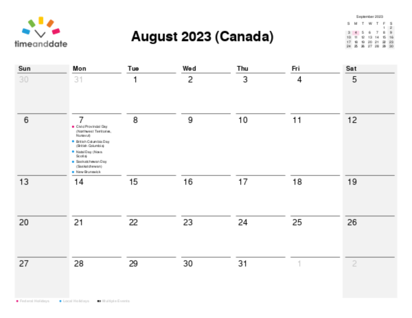Calendar for 2023 in Canada