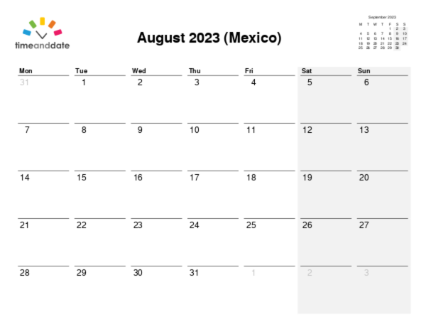 Calendar for 2023 in Mexico