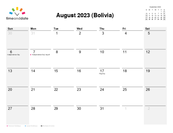 Calendar for 2023 in Bolivia