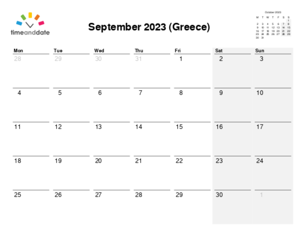 Calendar for 2023 in Greece