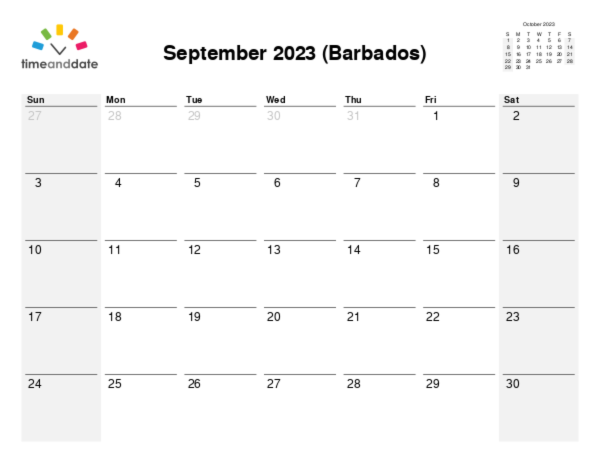 Calendar for 2023 in Barbados