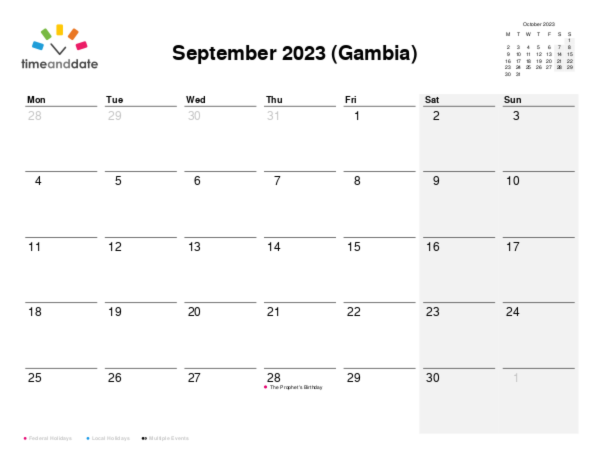 Calendar for 2023 in Gambia