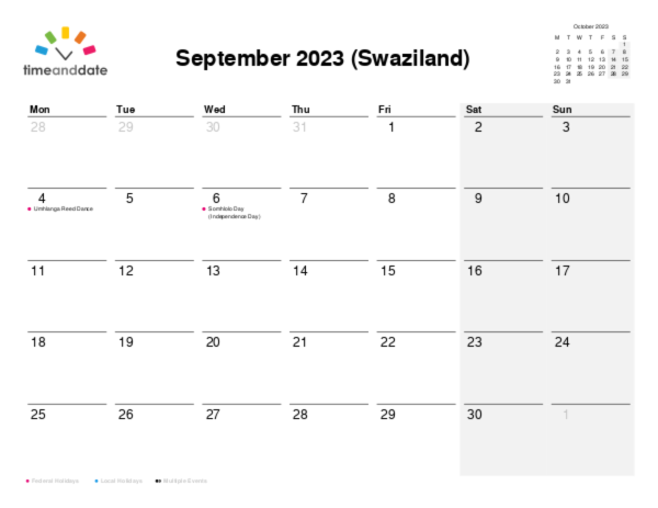 Calendar for 2023 in Swaziland