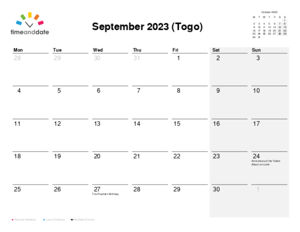 Calendar for 2023 in Togo