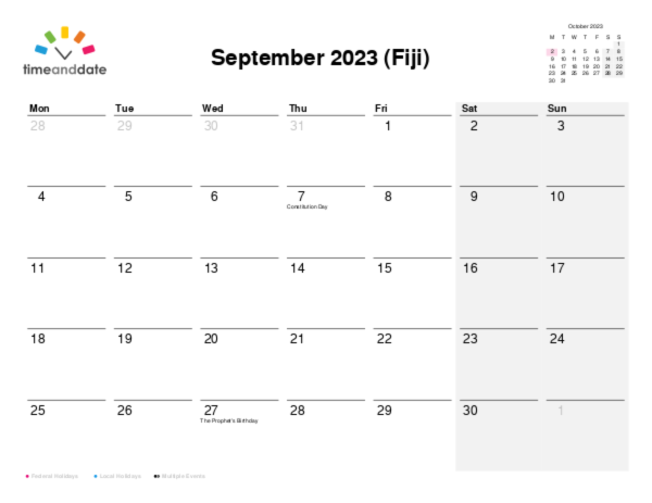 Calendar for 2023 in Fiji