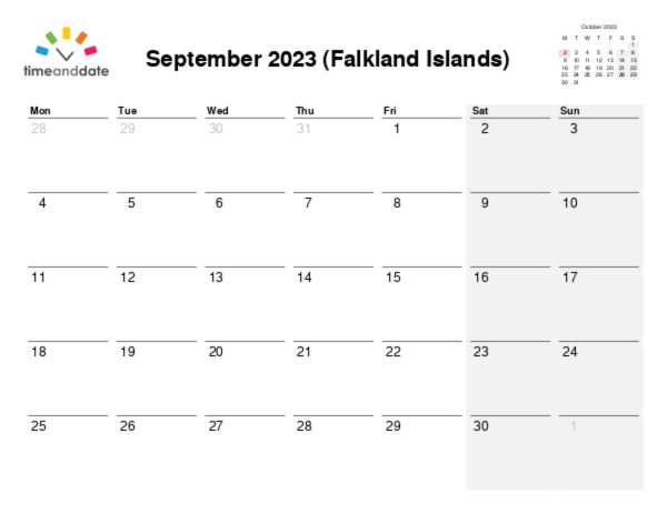 Calendar for 2023 in Falkland Islands