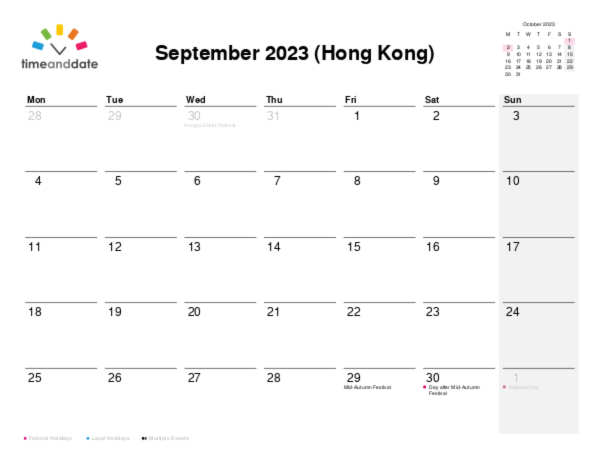 Calendar for 2023 in Hong Kong