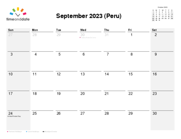 Calendar for 2023 in Peru