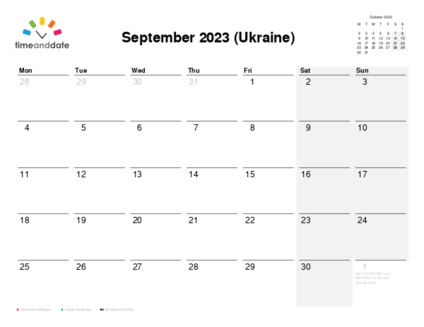 Calendar for 2023 in Ukraine