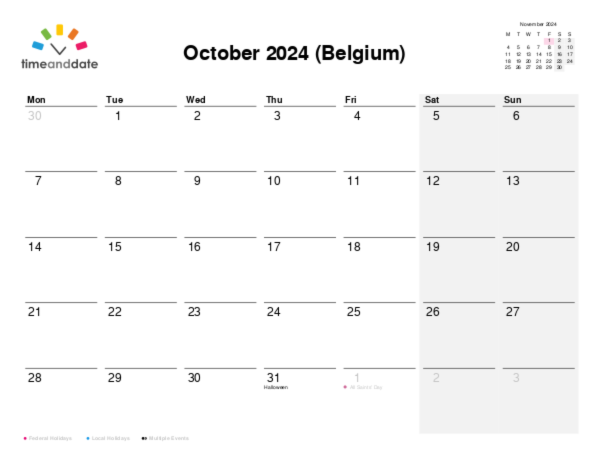 Calendar for 2024 in Belgium