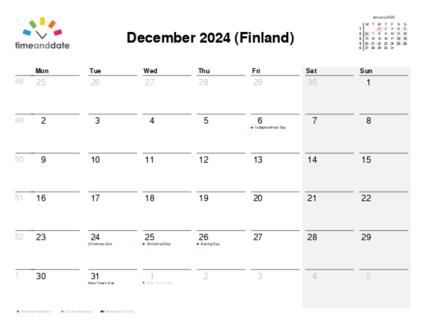 Calendar for 2024 in Finland